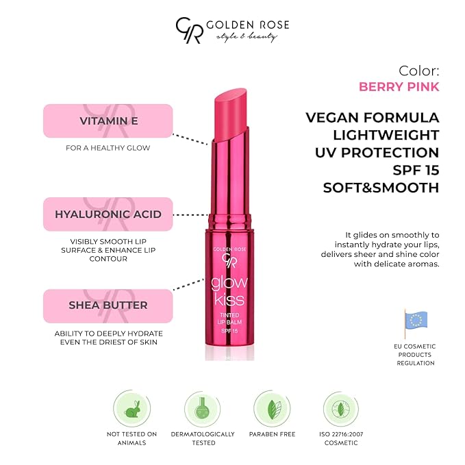 Golden Rose Cosmetics Glow Kiss Tinted Lip Balm with SPF15, Vegan Formula (Berry Pink)-Velvo Beauty