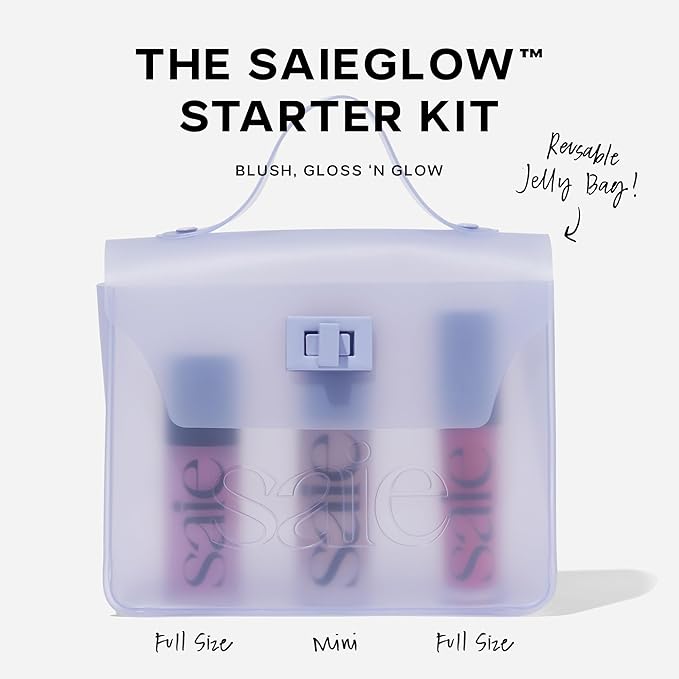 Saie SaieGlow Starter Makeup Kit - Glowy Super Gel, Dew Blush, and Glossybounce Lip Gloss - Essential Makeup Set in a Mini Reusable Jelly Travel Bag (3 Count)-Velvo Beauty