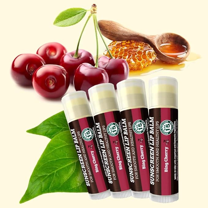 SPF Lip Balm 4-Pack by Earth's Daughter - Lip Sunscreen, SPF 15, Organic Ingredients, Cherry Flavor, Beeswax, Coconut Oil, Vitamin E - Hypoallergenic, Paraben Free, Gluten Free-Velvo Beauty