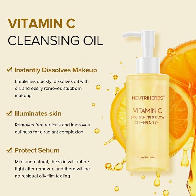 Neutriherbs Makeup Remover Oil Cleanser, Vitamin C Cleansing Oil for Long Last and Waterproof Makeup, Sunscreen, Fit All Skin Type - 3.71 Fl.Oz-Velvo Beauty