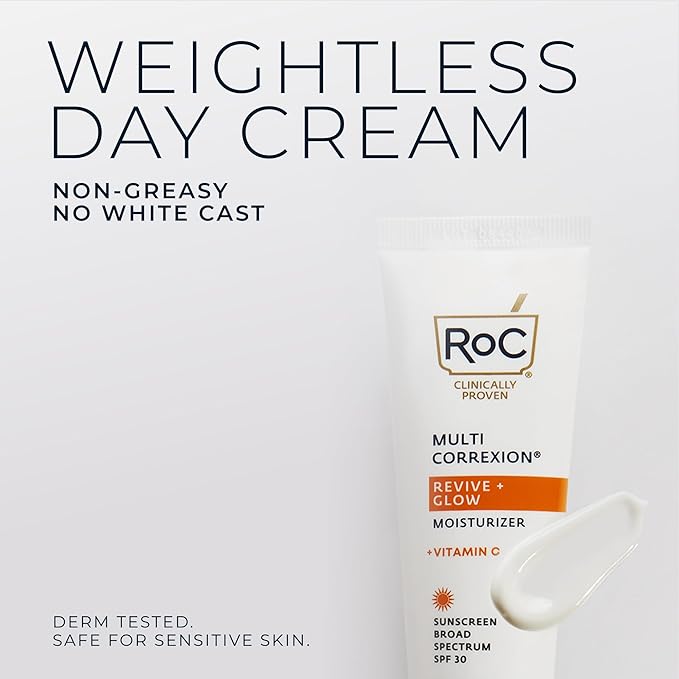 RoC Multi Correxion Revive + Glow Vitamin C Sunscreen Broad Spectrum SPF 30 Face Moisturizer (1.7 oz) with Retinol Eye Cream Packette-Velvo Beauty