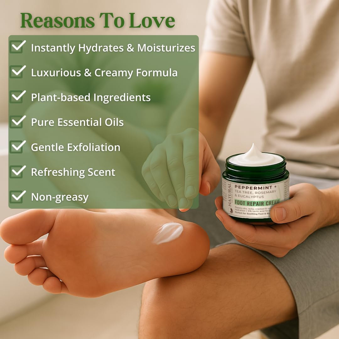 Peppermint + Rosemary, Eucalyptus & Tea Tree Foot Cream for Dry Cracked Heels and Feet - Moisturizing Foot Lotion for Cracked Heel Repair - Callus Remover with Lactic Acid (4 oz)-Velvo Beauty