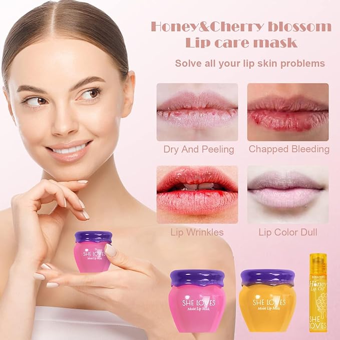 2PCS Lip Mask Overnight, Honey&Sakura Day and Night Repair Sleeping Lip Balm, Fade Lip Lines Bee Balm, Hydrating &Prevention Dry and Crack Lip Scrubs Exfoliator-Velvo Beauty