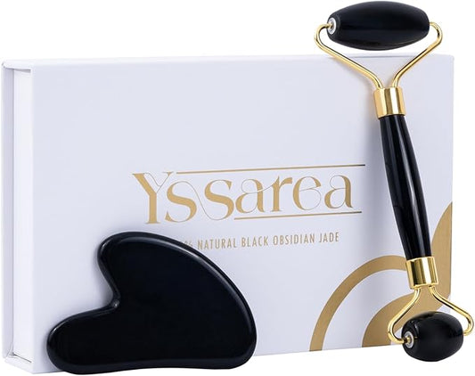 Yssarea Obsidian Roller and Gua Sha - Face Roller | 100% Natural Obsidian Stone Set | Dual Sided Face Massager | Reduces Signs of Aging, Black-Velvo Beauty