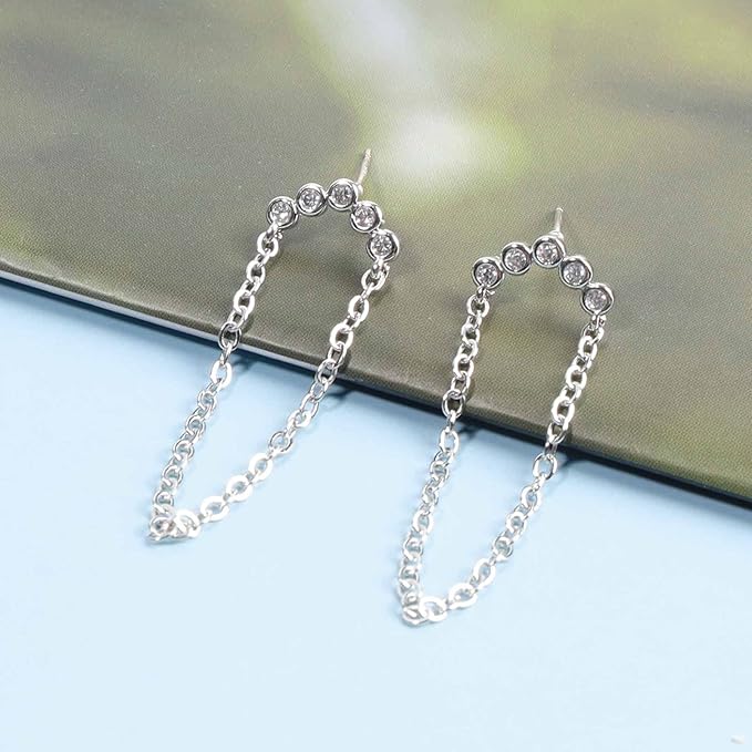 Boho Rhinestone Circle Studs Earrings Silver Cz Hoop Drop Earrings Circle Tassel Dangle Earrings Drop Chain Earrings Jewelry for Women and Girls Gifts-Velvo Beauty