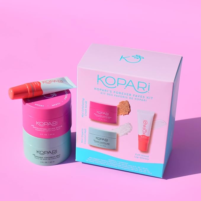 Kopari Forever Faves Bundle | Mini Organic Coconut Melt, Exfoliating Mini Coconut Crush Scrub, Clear Moisturizing Lip Glossy | Body and Lip Kit to Soothe and Hydrate Dry Skin | Cruelty Free, Vegan-Velvo Beauty