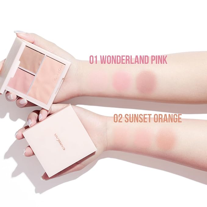 3 Colors Blush Palette For Cheek Makeup, Matte Blush Powder Blendable Face Blush,12H Longlasting, Lightweight, Smooth Pink Blush, Sunset Orange, 0.37Oz-Velvo Beauty