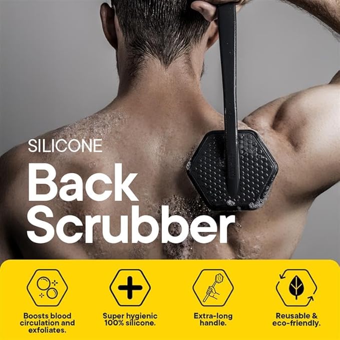 TOOLETRIES Silicone Back Scrubber - Exfoliating Shower Brush, Back Washer for Men, Durable Back Brush with Long Handle - Long Lasting Bath & Shower Accessories - Charcoal-Velvo Beauty
