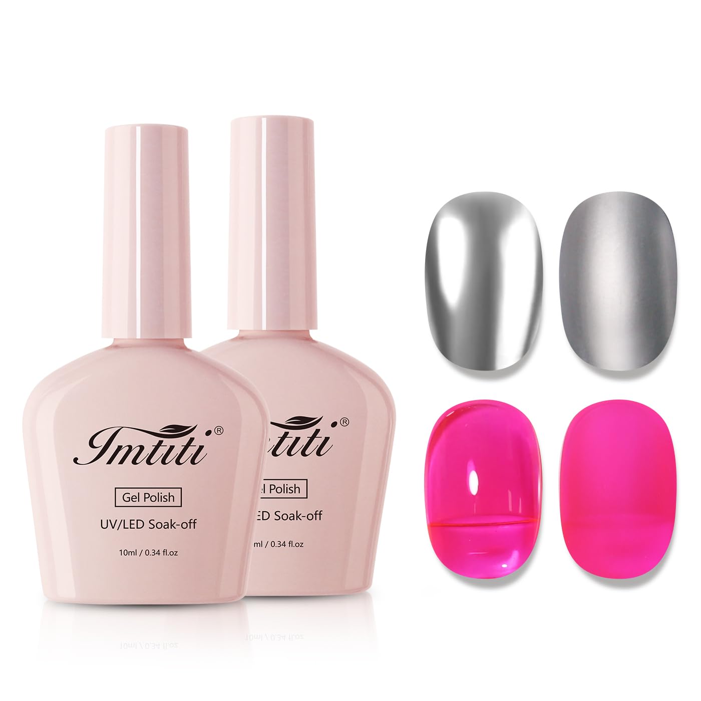 Imtiti Metallic Gel Nail Polish Set, 2 Pcs 10ml Chrome Mirror Shine gel polish & Hot Pink Jelly GEl POlish Soak Off UV LED Spring Summer Nail Art Manicure Salon DIY Design Kit-Velvo Beauty