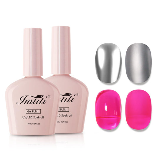 Imtiti Metallic Gel Nail Polish Set, 2 Pcs 10ml Chrome Mirror Shine gel polish & Hot Pink Jelly GEl POlish Soak Off UV LED Spring Summer Nail Art Manicure Salon DIY Design Kit-Velvo Beauty