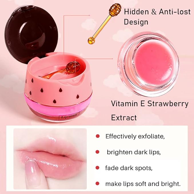 Bee Lip Balm Honey Pot, 2 PCS Strawberry & Honey Hydrating Prevention Dry and Cracked Lip Scrubs Exfoliator, Propolis Moisturizing Lip Sleep Mask Reduces Lip Lines, Lip Exfoliating Honey Bee Lip Mask-Velvo Beauty