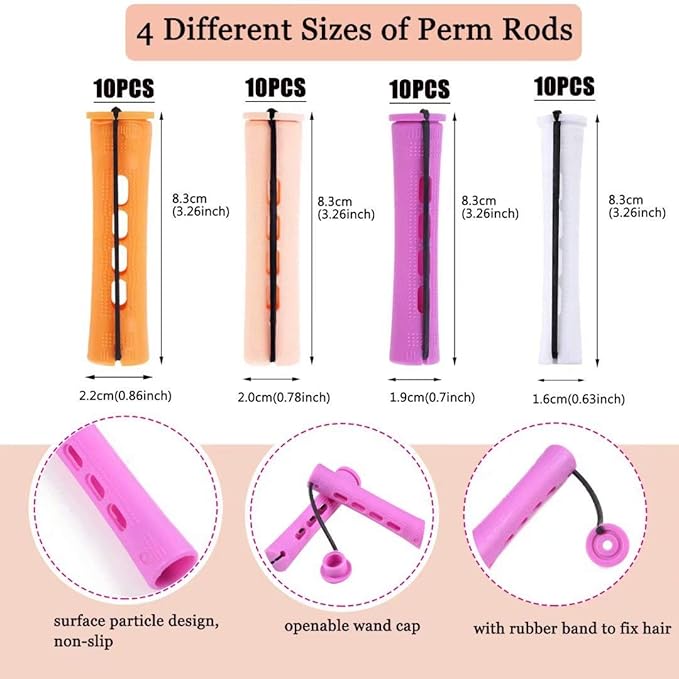 40pcs Perm Rods Set for Natural Hair 4 Sizes Cold Wave Rods Hair Rollers for Women Curling Rods for Long Medium Small Hair Curler Styling DIY Hairdressing Tools（Orange+Beige+Purple+white）-Velvo Beauty