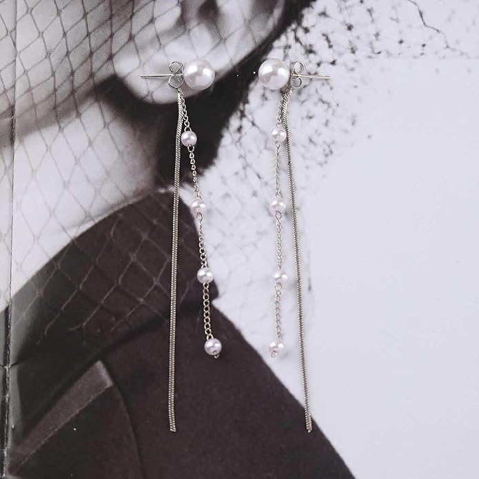 Vintage Pearl Dangle Earrings Long Pearl Chain Earrings Silver Pearl Tassel Drop Earrings Tiny Pearl Bridal Earrings Jewelry for Women-Velvo Beauty