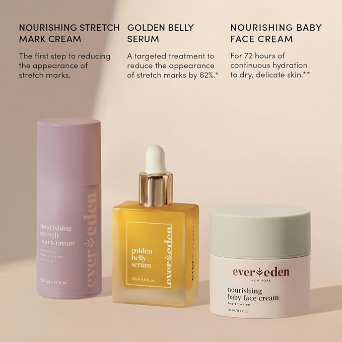 Evereden Mama & Baby Discovery Set - Dermatologist-Developed Clean & Vegan Maternity Skin Care Bundle - Stretch Mark Cream, Belly Serum, & Nourishing Baby Face Cream - Postpartum Gifts for New Mom-Velvo Beauty