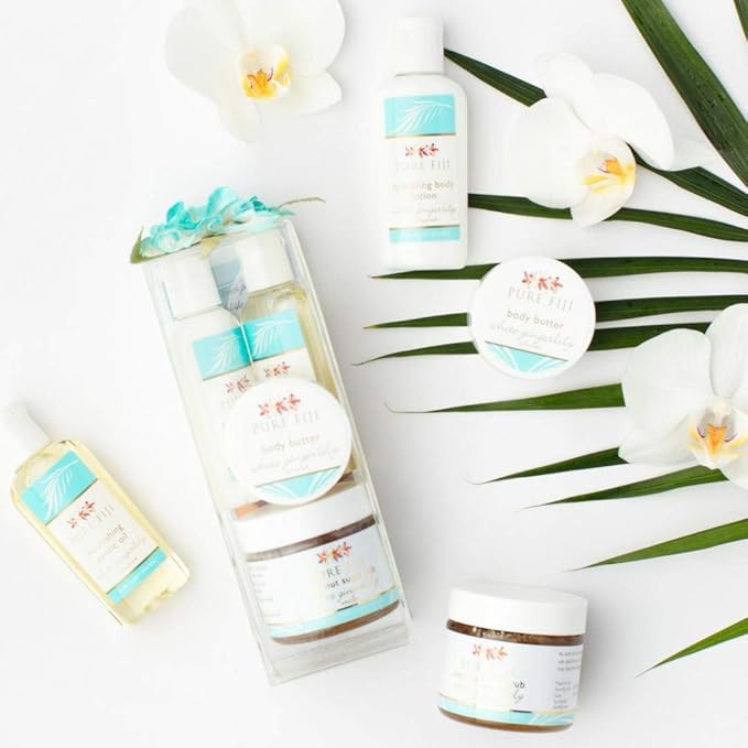 Pure Fiji Spa Gift for Women - Body Gift Box Include: Body Lotion 1Fl.Oz, Nourishing Exotic Oil 1 Fl.Oz, Body Butter 0.5oz & Sugar Rub 2oz, Scent White Gingerly-Velvo Beauty