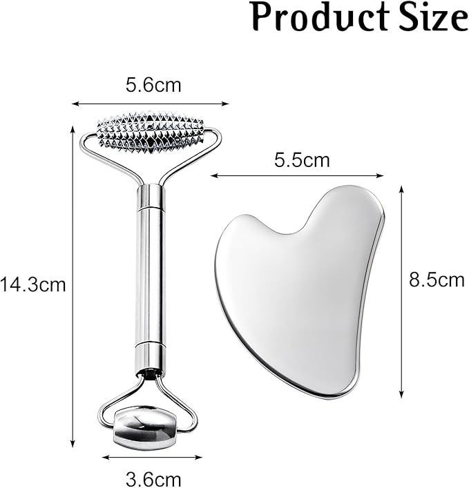 Gua Sha Facial Tools and Face Roller Set, Lymphatic Drainage Massager，Stainless Steel Facial Sculpting Eyes Roller Guasha for Face, Chin & Jawline Sculpting,Skin Care (Stainless Steel)-Velvo Beauty