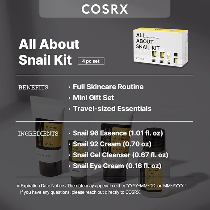 COSRX All About Snail Korean Skincare | TSA Approved Travel Size, Gift Set with Face Gel Cleanser, Essence, Cream & Eye-cream, Repairing, Recovering, Rejuvenating Kit with Snail Mucin, Korean Skincare-Velvo Beauty