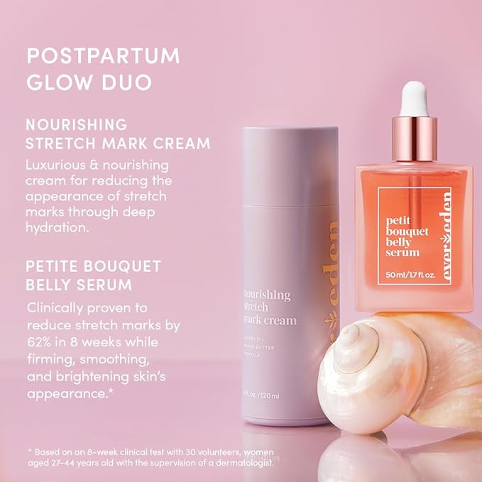 Evereden Postpartum Glow Duo - Petit Bouquet Belly Oil & Nourishing Stretch Mark Cream - Dermatologist-Developed Clean & Vegan Maternity Skincare Postpartum Gifts for New Mom - Stretch Mark Reduction-Velvo Beauty