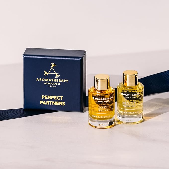 Aromatherapy Associates Perfect Partners Gift Set. 2 Premium Bath and Shower Oils (0.3 fl oz each) in Decorative Gift Box. Includes Deep Relax and Revive Morning Blends-Velvo Beauty