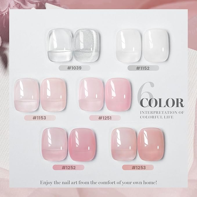 RARJSM Nude Fiber Glass Rubber Base Gel Nail Polish Set 6pcs for Repair Broken Nails Clear Milky White Jelly Rose Pink Strengthener Base Coat Transparent Brush on Building Gel in a Bottle 7.5ml-Velvo Beauty