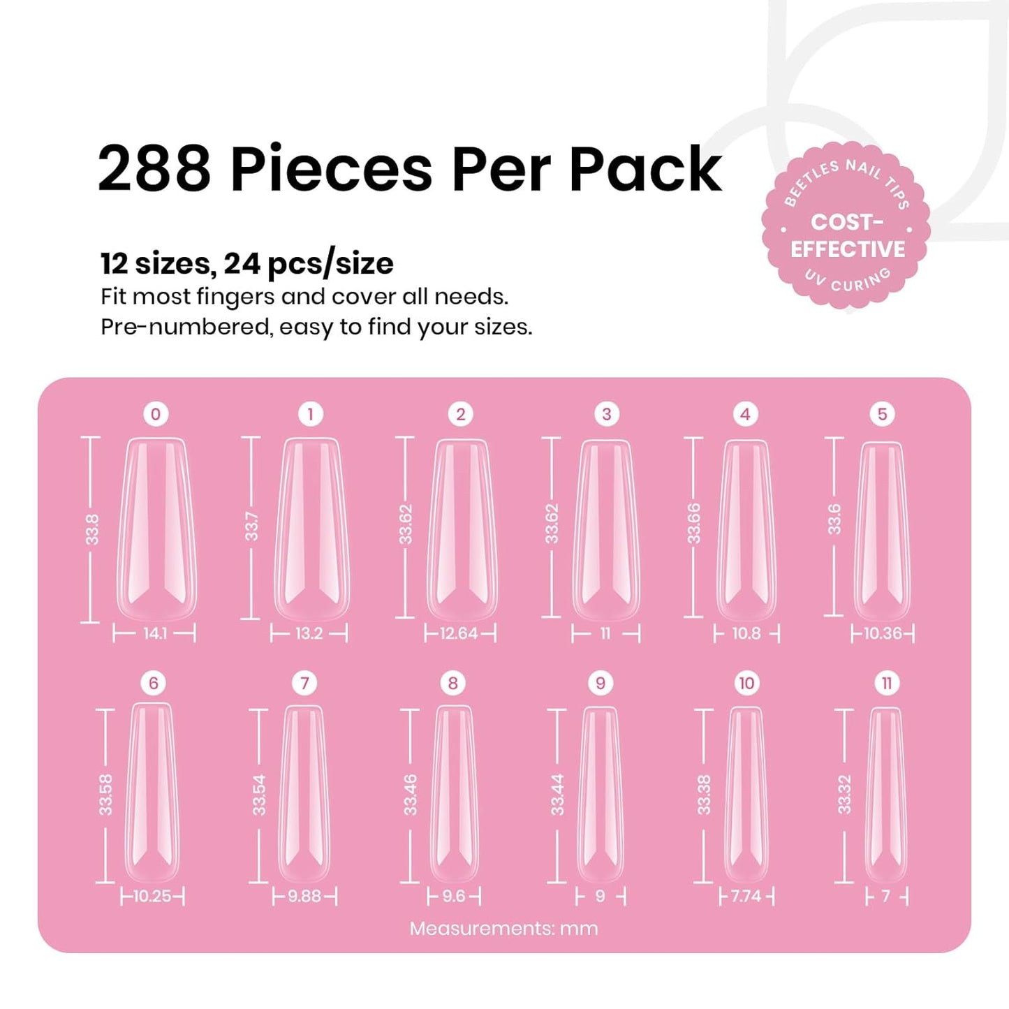 Beetles Gel Nail Tips Long Square Nail Tips, 12 Sizes 288 PCS Pre-Shaped Clear Full Cover False Nails Tips Clear Acrylic Nails Glue on Nails for Girls Women Nail Art Design,Nail Glue Needed-Velvo Beauty