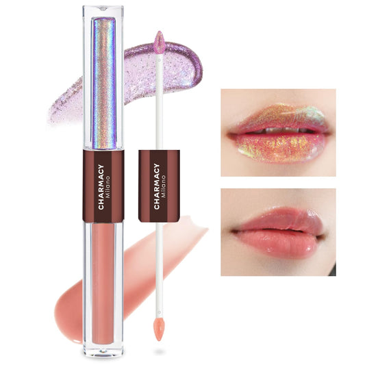 CHARMACY 2 In 1 Multichrome Moisturizing Lip Gloss, Double Head Liquid Lipstick, Mirror Waterproof Long Lasting No Fading Lip Balm, Hydrating Lip Plumper Waterlight Glossy Makeup #001-Velvo Beauty