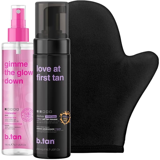 b.tan Violet Self Tan Foam & Face Mist Kit | Lovers Bundle - Dark Sunless Tanning Mousse, Bronzing Glow Gradual Facial + Body Spray, Mitt Applicator, 1 Hour Express, No Fake Tanner Smell, 6.7 Fl Oz-Velvo Beauty