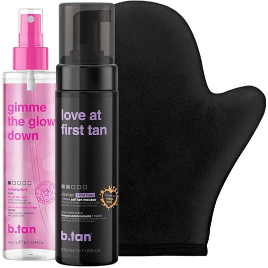 b.tan Violet Self Tan Foam & Face Mist Kit | Lovers Bundle - Dark Sunless Tanning Mousse, Bronzing Glow Gradual Facial + Body Spray, Mitt Applicator, 1 Hour Express, No Fake Tanner Smell, 6.7 Fl Oz-Velvo Beauty