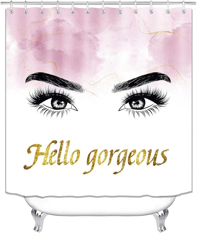 4PCS Hello Gorgeous Eyelash Shower Curtain Set, Gold Glitter Quotes Black Eyebrow Makeup Pink Marble Glam Modern Fashion Girly Women Bathroom Decor, Non-slip Bath Mat Toilet Rug, Charming Eyes-Velvo Beauty