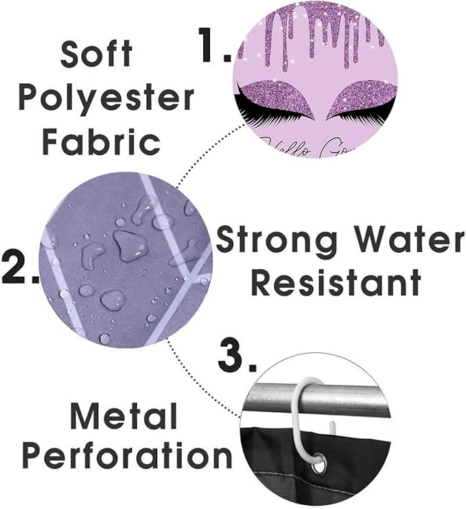 4PCS Purple Glitter Hello Gorgeous Shower Curtain Set, Glam Bling Diamond Rhinestones Gem Makeup Unicorn Eyelash Bathroom Decor, Waterproof Fabric Shower Curtain, Non-Slip Bath Mat Toilet Rug-Velvo Beauty