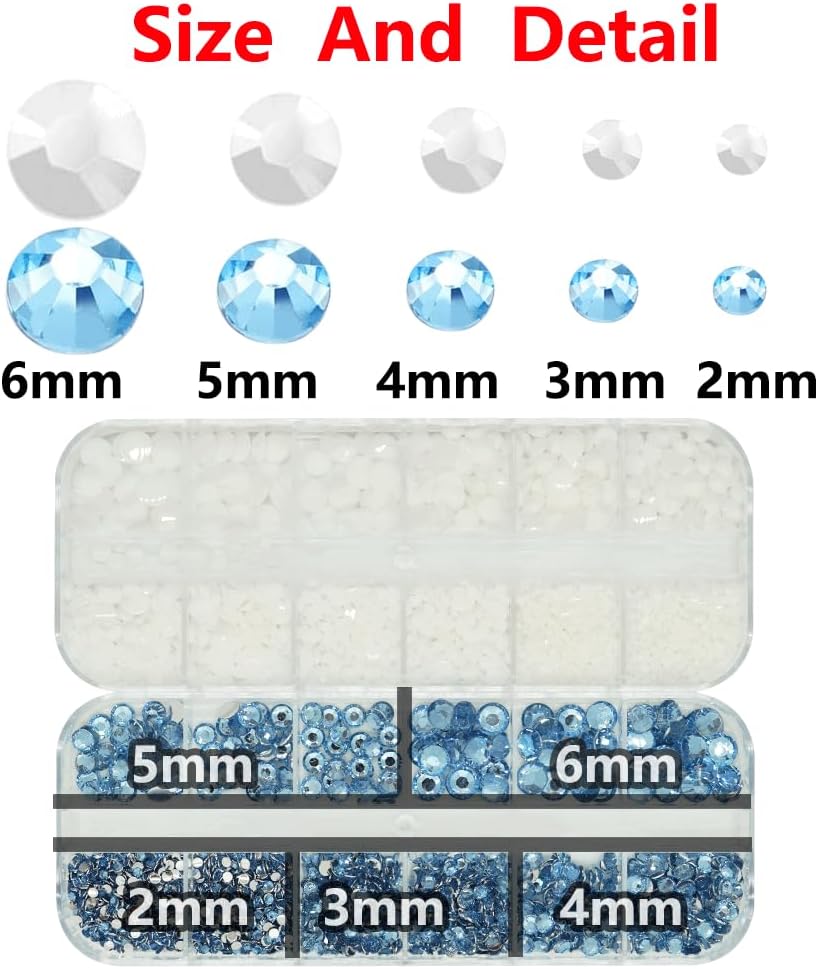 Light Blue White Rhinestones for Bedazzling With B7000 Glue, 2mm 3mm 4mm 5mm 6mm (SS8-SS30) Non-Hotfix Flatback Baby Blue White Nail Crystals Gems Beads for Bedazzle Crafting, DIY Nail Art-Velvo Beauty