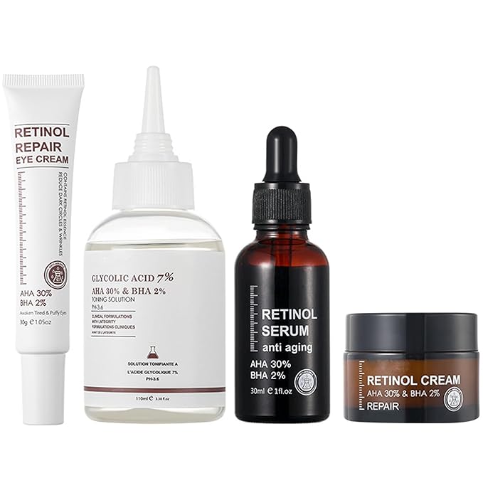 Retinol Skin Care Set, 4Pcs Anti Aging Skin Care Sets for Women, Include Retinol Face Cream Eye Cream Serum and Glycolic Acid 7%, Reduce Wrinkles, Promote Collagen Production Restore Skin Elasticity-Velvo Beauty