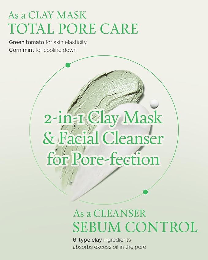 FULLY Green Tomato Pore Detox Clay Mask Cleanser, Pore Minimizing, Blackhead Care, Sebum Control, Exfoliation, Vegan, Face Wash, Sensitive Skin, Korean Skincare 4.05 fl.oz-Velvo Beauty