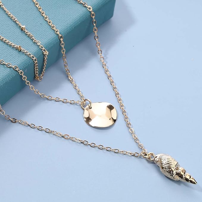 Bohemia Layered Seashell Necklace Choker Gold Coin Disc Pendant Necklace Chain Conch Shell Necklace Handmade Beachy Necklace Jewelry for Women and Girls-Velvo Beauty