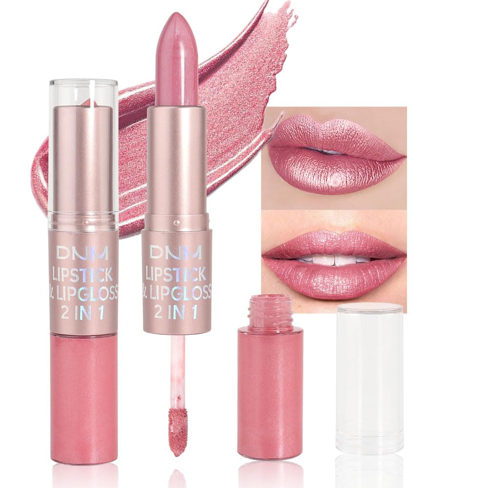 evpct 2 in 1 Light Pink Glitter Metallic Shimmer Diamond Lipstick and Lip Gloss Set for Women Long Lasting Waterproof, Bright Rose Pink Sparkle Glitter Shiny Lipstick and Lip Liner Makeup set, 01#-Velvo Beauty