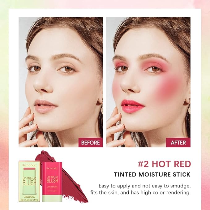 Blush Stick Matte Finish Waterproof Long Lasting Pink Red Cheek Lip Make-up Multi Lip Tint Stick Highlighter High Pigment Rouge Blush for Women Lady Daily Lip Cheek Makeup (2#hot red)-Velvo Beauty