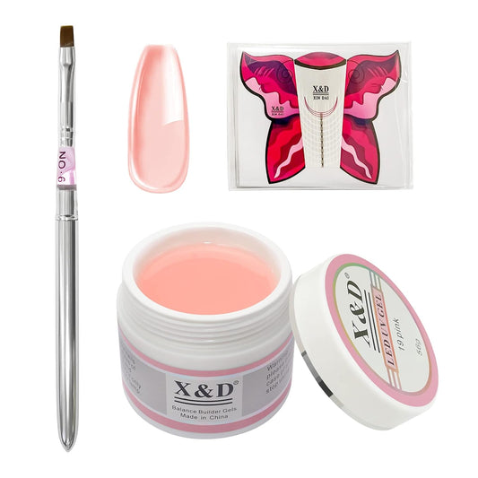 X&D Gel Nail Polish Kit UV Polygel Quick Dry 56g Natural Clear Color Nail Extension with Nail Form, Acrylic Nail Sable Brush with Cap Set(Pink)-Velvo Beauty