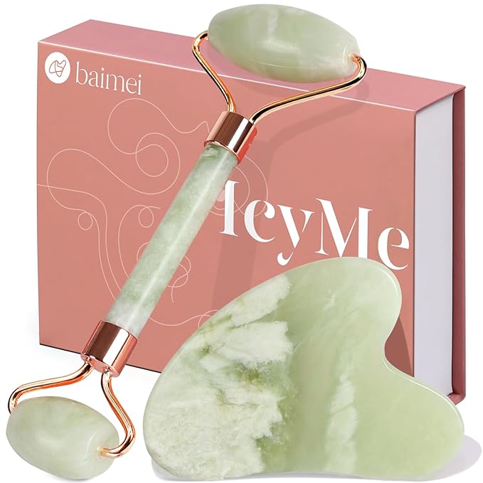 BAIMEI Jade Roller & Gua Sha Set Face Roller and Gua Sha Facial Tools for Skin Care Routine and Puffiness, Self Care Gift for Men Women - Light Green-Velvo Beauty