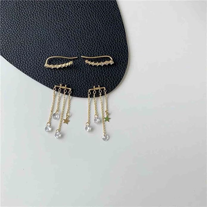 Boho Star Ear Jacket Earrings Gold Cz Star Ear Climber Earrings Crystal Chain Tassel Earrings Crystal Ear Crawler Long Chain Earrings Jewelry for Women and Girls Gifts-Velvo Beauty