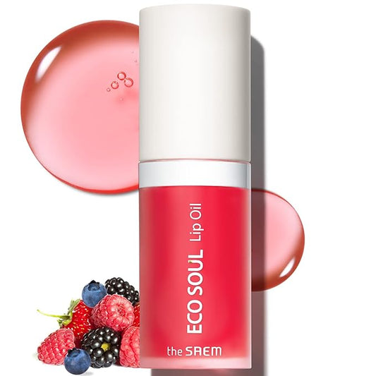 THESAEM Eco Soul Lip Oil 02 Berry - Plumping & Hydrating Lip Oil to Nourish & Moisturize Lips – Berry Extract & Rose Water - Lips Soft & Glossy for Dry Lips, 0.21 fl.oz.-Velvo Beauty