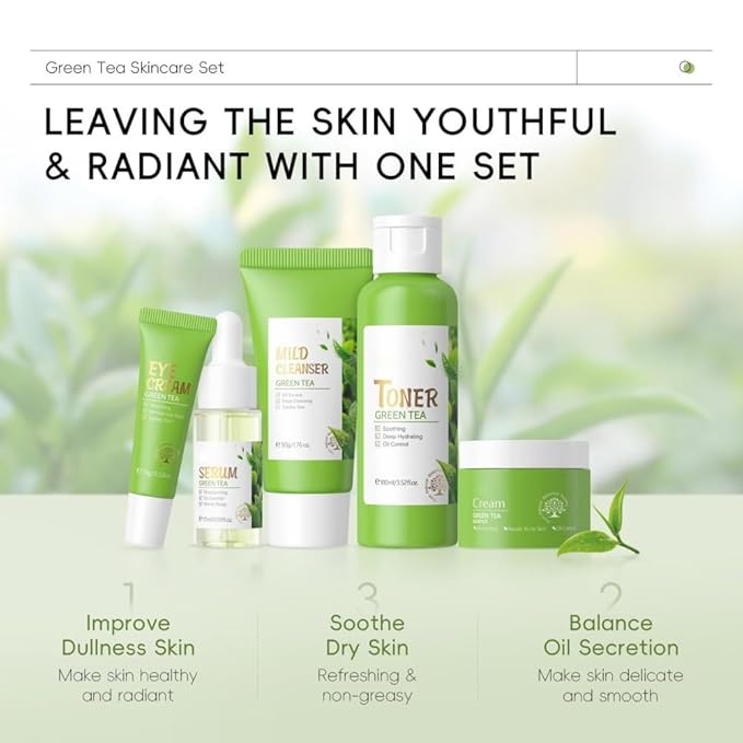 Skin Care Set, Green Tea Skin Care Sets & Kits, Skin Care for Teenage Girls Gift Set with Cleanser, Toner, Serum, Eye Cream, Facial Cream, Facial Skin Care Sets & Kits for Teenage Girls Women-Velvo Beauty