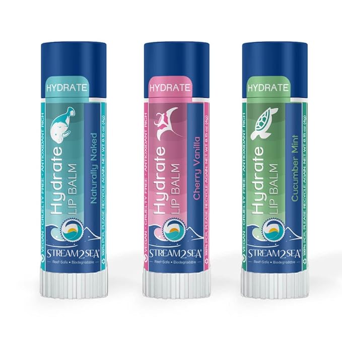 Stream2Sea Hydrate Lip Balm Set, Cherry Vanilla, Naturally Naked and Cucumber Mint Reef Safe Lip Balms, Nourishing and Moisturizing Indoor Lip Balm For Daily Use, Paraben Free-Velvo Beauty