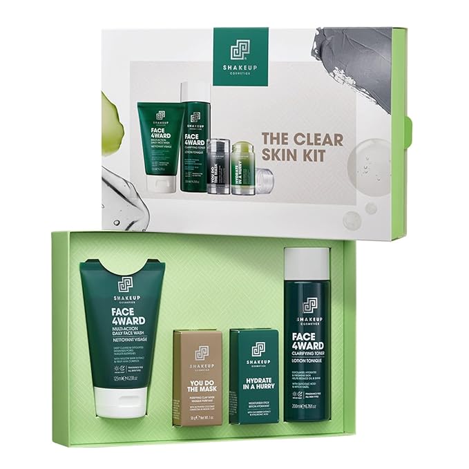 Shakeup - 4-Piece Clear Skin Kit, Mens Skincare Gift Set, Targets Blemishes, Daily Face Wash, Clarifying Toner, Purifying Mask & Moisturiser Stick-Velvo Beauty