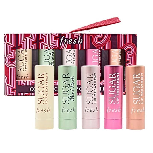 Fresh Color & Care Lip Collection Holiday Gift Set:: Tinted Lip Balms in Sugar Rosé, Honey, Bloom, Sugar Advanced Therapy, Mint Rush Lip Treatment-Velvo Beauty