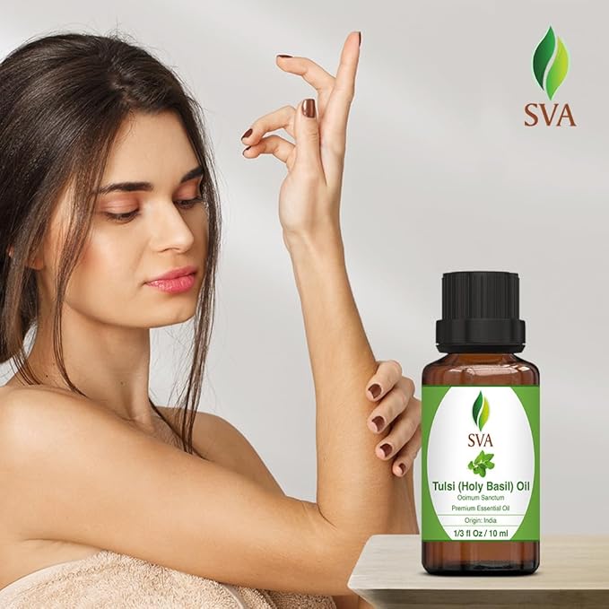 SVA Holy Tulsi Essential Oil – 1/3 Fl Oz – 100% Natural Tulsi Oil - for Diffuser, Hair Care, Face, Skin Care, Aromatherapy, Scalp and Body Massage, Soap and Candle Making-Velvo Beauty