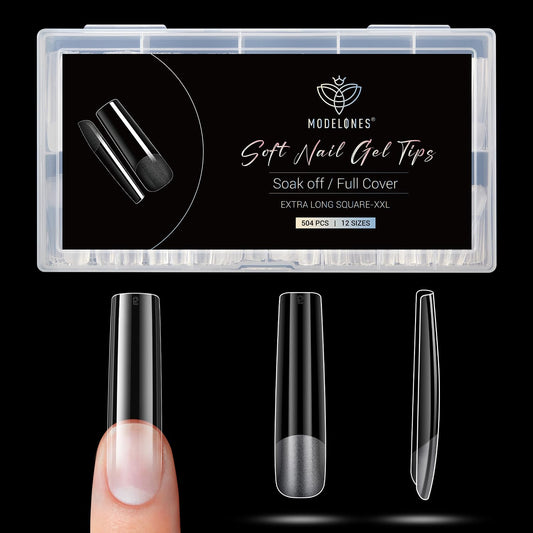 Modelones Long Square XXL Fake Nail Tips - 504Pcs Gel Tips Pre-shaped Half Matte Full Cover Clear Acrylic Gel Kit False Press on Nails for Extension DIY Salon 12Sizes-Velvo Beauty