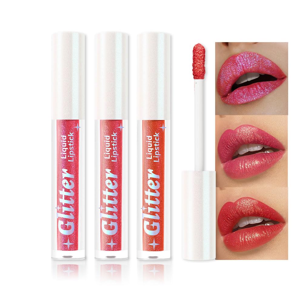 3Pcs Metallic Lipstick for Women,Lightweight Glitter Sparkling Liquid Lipsticks,Shimmer Lip Gloss Stain Long Lasting Waterproof Smudge Proof Non-Drying 24 Hour Full Coverage Lip Makeup,Vegan-Velvo Beauty