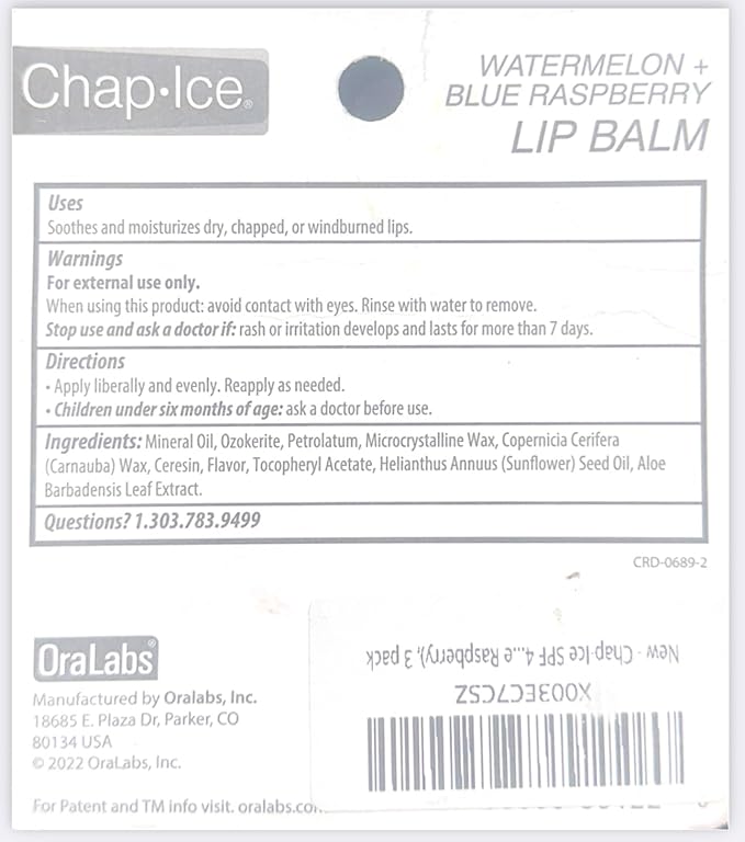 Chap-Ice SPF 4 Premium Lip Balm, Crazy Flavors (Watermelon & Blue Raspberry), 3 pack-Velvo Beauty