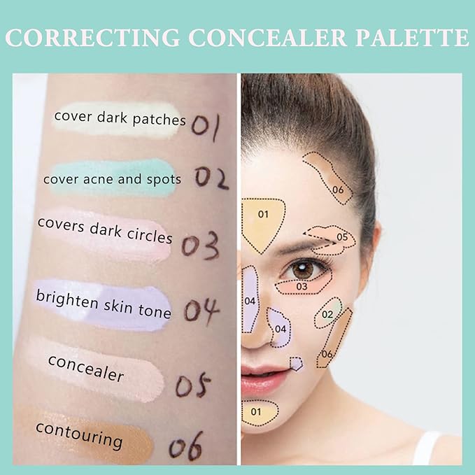 6 Colors Correcting Concealer Palette, Makeup Cream Contour Palette with Brush, Contouring Foundation Highlighting Concealer Palette for Conceals Dark Circles, Redness, Acne, Blemish-Velvo Beauty