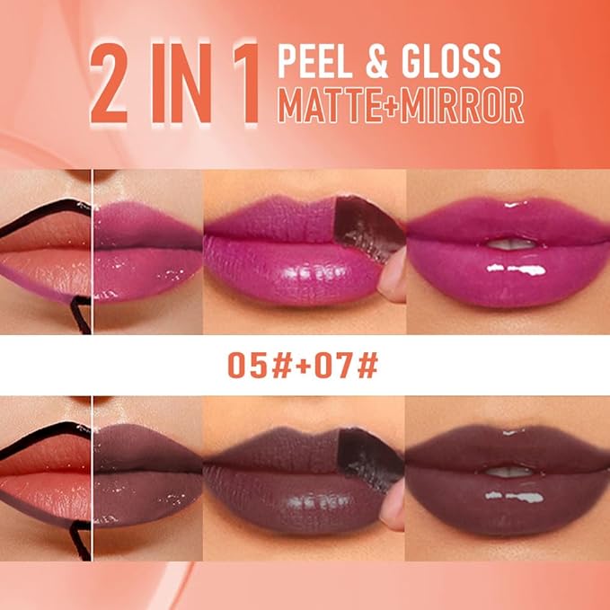 2Pcs Peel Off Lip Gloss Tattoo and Lip Oil 2-in-1, Lip Stain Peel Off Masque - Peel Off Lip Tint ,Long Lasting Waterproof Transfer-proof Lip Mask Lip Gloss Peel Off Lip Liner,Stay Lip Makeup #05+#07-Velvo Beauty